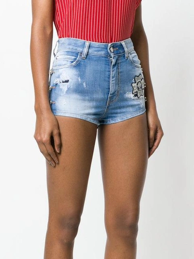 Shop Just Cavalli Embroidered Patch Distressed Denim Shorts
