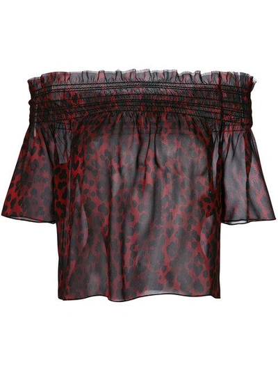 Shop Saint Laurent Leopard Print Bardot Blouse In Red