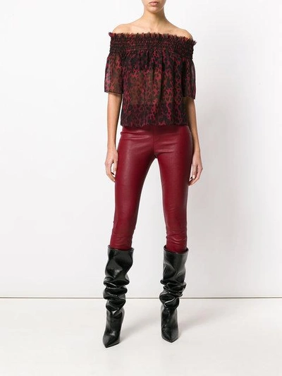 Shop Saint Laurent Leopard Print Bardot Blouse In Red