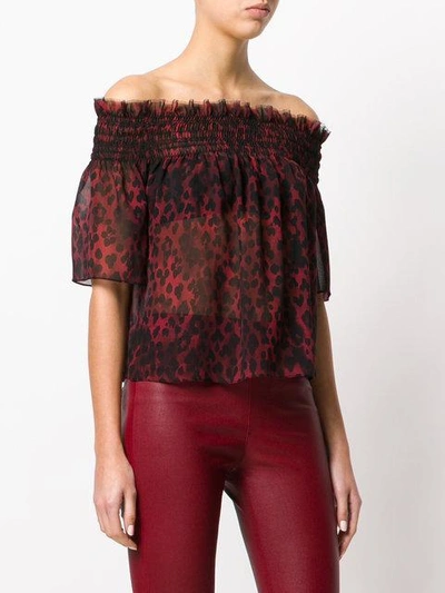 Shop Saint Laurent Leopard Print Bardot Blouse In Red