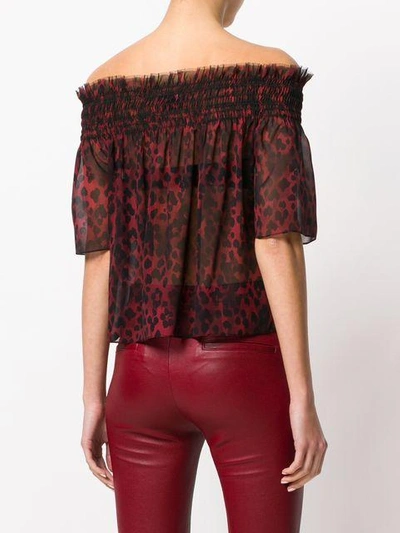 Shop Saint Laurent Leopard Print Bardot Blouse In Red