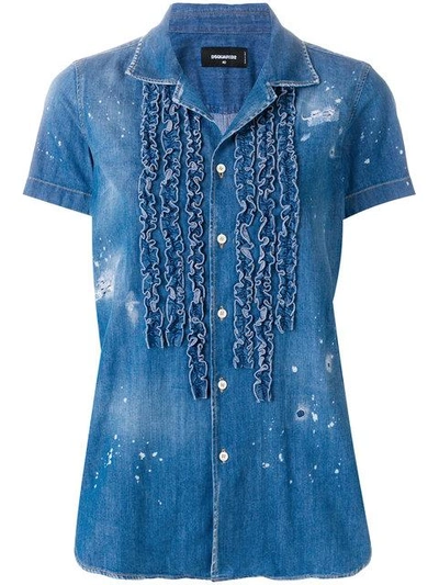 Shop Dsquared2 Ruffled Trim Denim Shirt In Blue