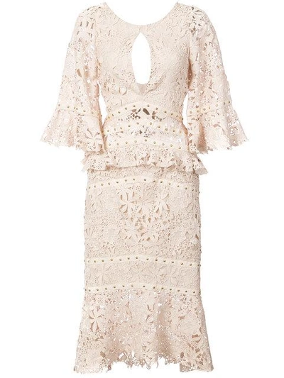 Shop Nicole Miller Flutter Sleeve Embroidered Dress In Neutrals