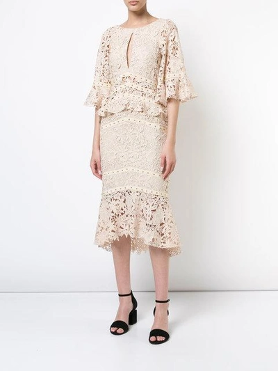 Shop Nicole Miller Flutter Sleeve Embroidered Dress In Neutrals