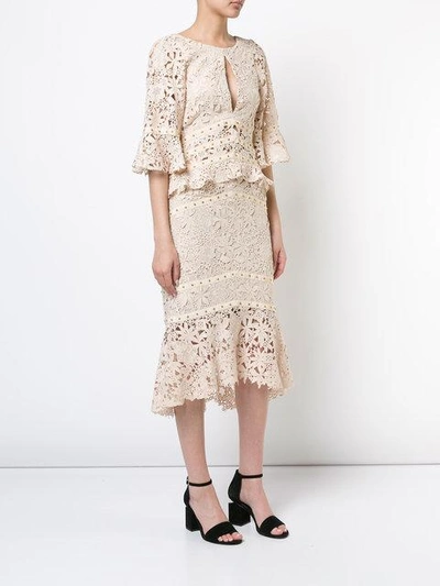 Shop Nicole Miller Flutter Sleeve Embroidered Dress In Neutrals