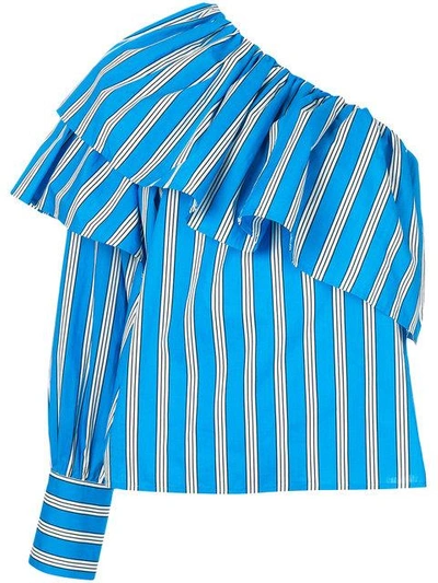 Shop Msgm Asymmetric Ruffle Trim Shirt In Blue