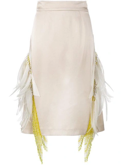 Shop Prada Feather Embellished Beaded Skirt In Neutrals
