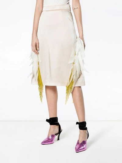 Shop Prada Feather Embellished Beaded Skirt In Neutrals