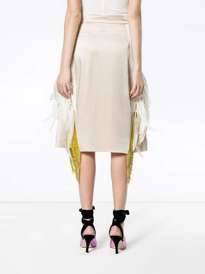 Shop Prada Feather Embellished Beaded Skirt In Neutrals