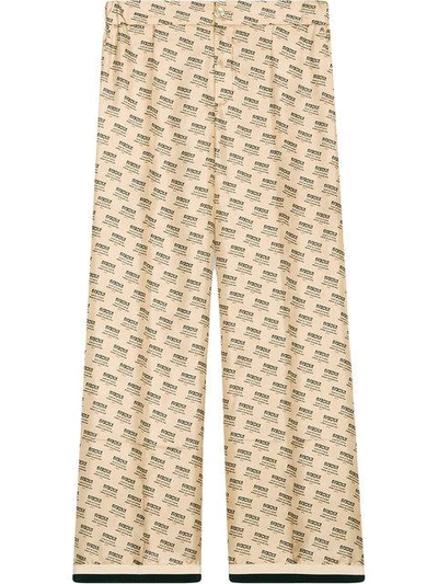 Shop Gucci Invite Stamp Silk Pants In Neutrals