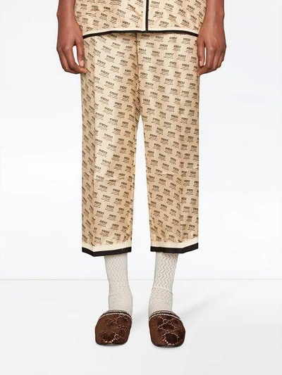 Shop Gucci Invite Stamp Silk Pants In Neutrals