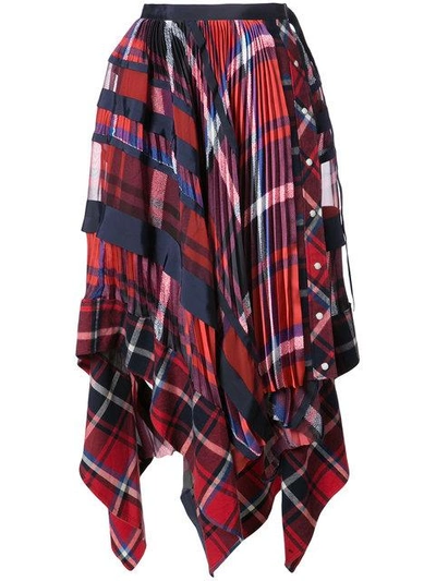 Shop Sacai Handkerchief Draped Tartan Skirt - Red