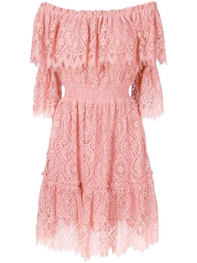 Shop Perseverance London Bardot Lace Dress In Pink