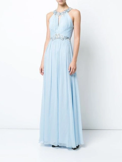 Shop Marchesa Notte Floral-sequined Pleated Gown In Blue