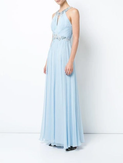 Shop Marchesa Notte Floral-sequined Pleated Gown In Blue