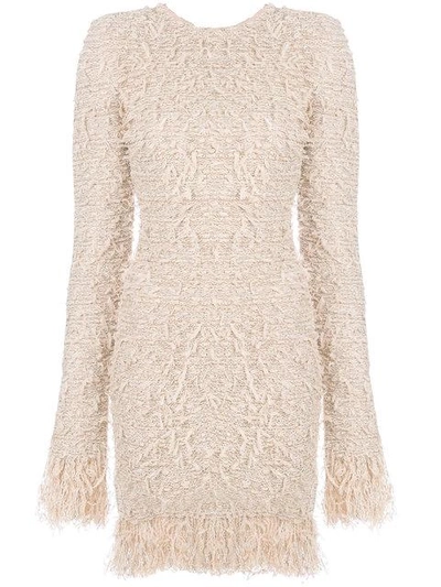 Balmain Long-sleeve Fitted Knit Cocktail Dress With Fringe In Pink ...