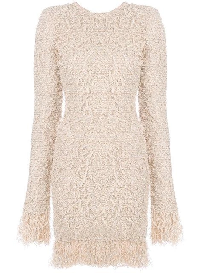 Balmain Long-sleeve Fitted Knit Cocktail Dress With Fringe In Pink