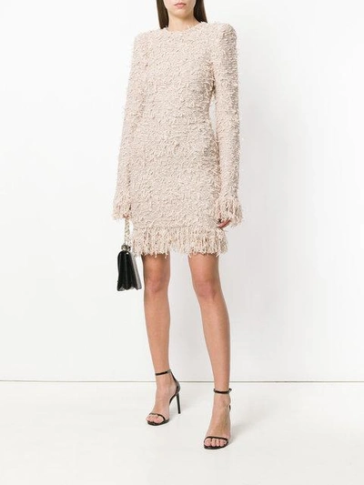 Balmain Long-sleeve Fitted Knit Cocktail Dress With Fringe In Pink