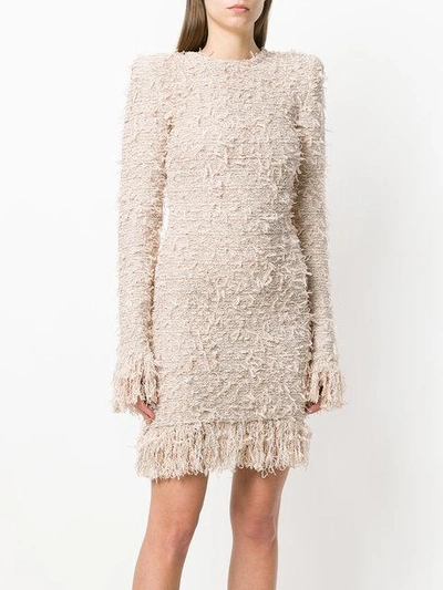 Balmain Long-sleeve Fitted Knit Cocktail Dress With Fringe In Pink