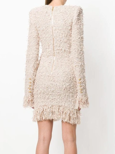 Balmain Long-sleeve Fitted Knit Cocktail Dress With Fringe In Pink