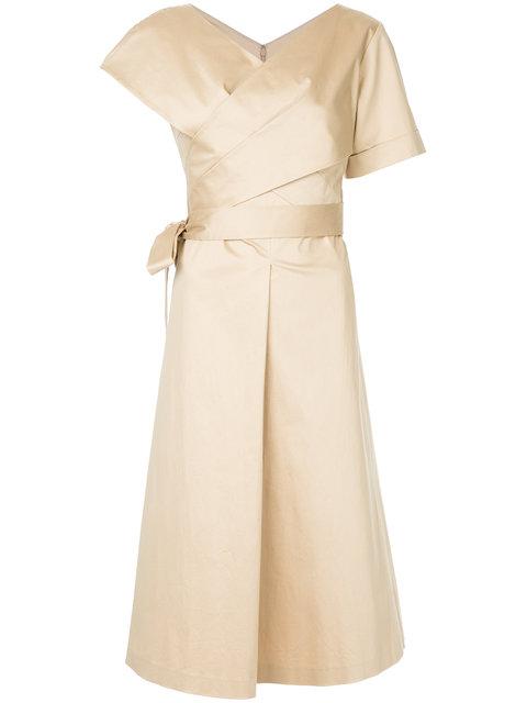 one shoulder belted midi dress