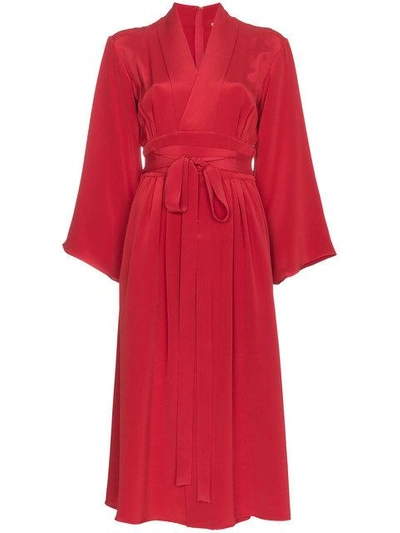 Shop Adam Lippes Kimono Wrap Silk Midi Dress In Red