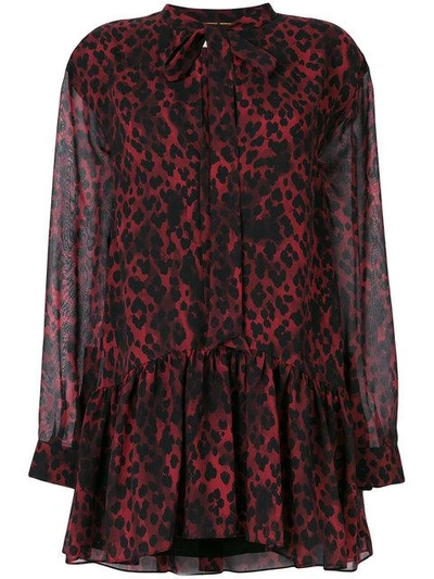 Shop Saint Laurent Leopard Print Tie Neck Mini Dress - Red