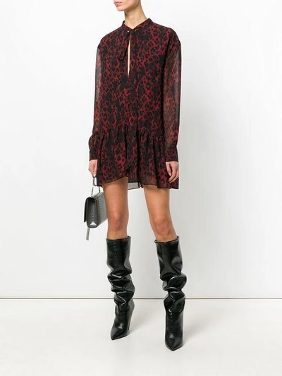 Shop Saint Laurent Leopard Print Tie Neck Mini Dress - Red