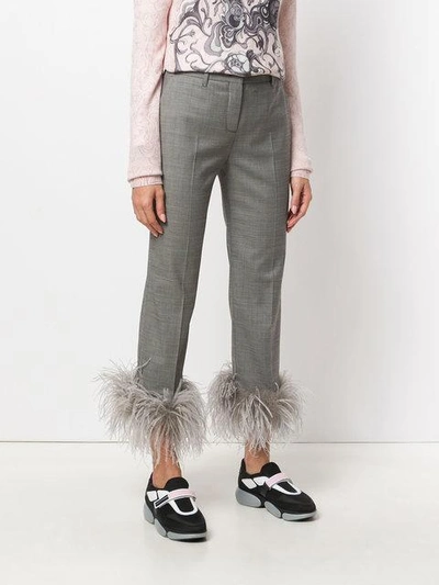 Prada Feather-embellished Straight-leg Pants In Grey | ModeSens