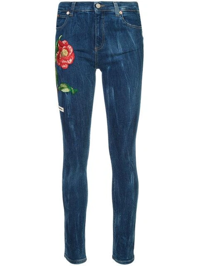 Shop Gucci Embroidered Denim Jeans In Blue