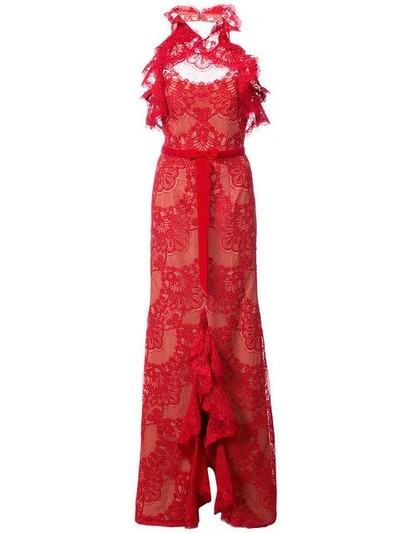 Shop Marchesa Notte Ruffled Guipure Lace Gown In Red