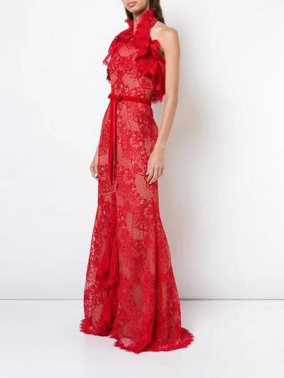 Shop Marchesa Notte Ruffled Guipure Lace Gown In Red