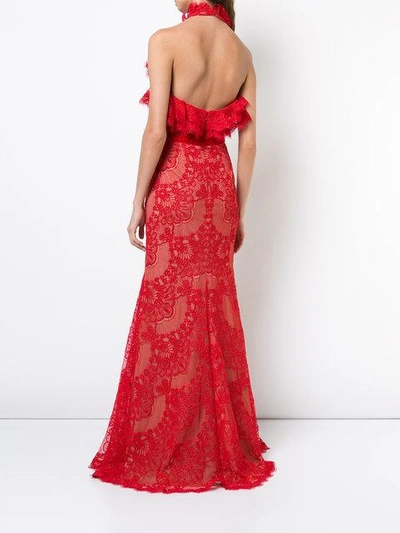 Shop Marchesa Notte Ruffled Guipure Lace Gown In Red