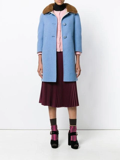 Shop Prada Three-quarter Length Sleeve Coat With Mink Fur Collar - Blue