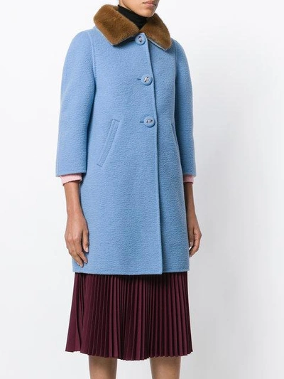 Shop Prada Three-quarter Length Sleeve Coat With Mink Fur Collar - Blue