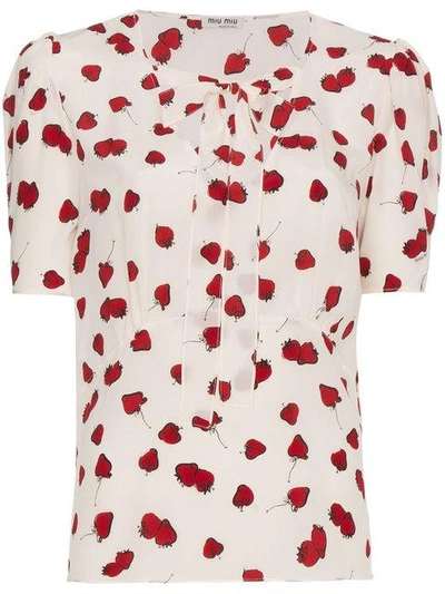 Shop Miu Miu Silk Tie Neck Blouse In White