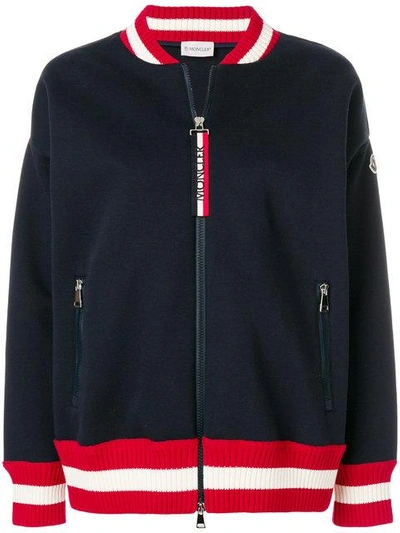 Shop Moncler Striped Trim Zipped Sweatshirt In Blue