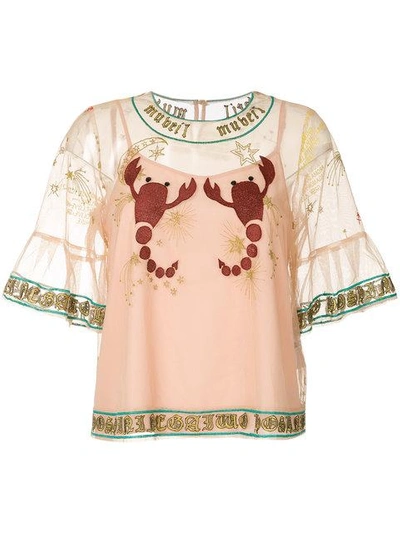Shop Muveil Embroidered Mesh Blouse In Neutrals