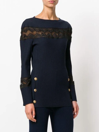 Shop Alberta Ferretti Lace Panel And Button Detail Sweater - Blue