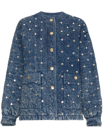 Shop Gucci Quilted Marble Denim Jacket With Crystals In Blue