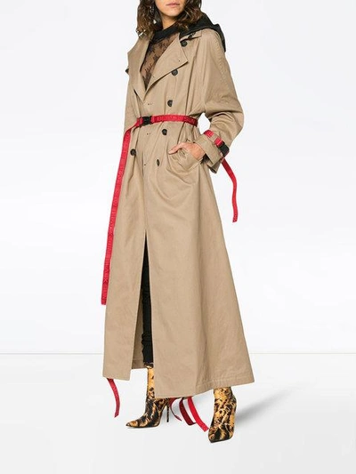 Shop Palm Angels Trench Coat With Red Belt - Neutrals