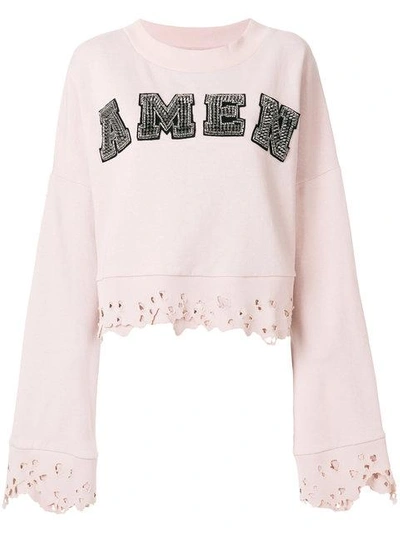 Shop Amen Studded Logo Sweatshirt With Distressed Edges In Pink