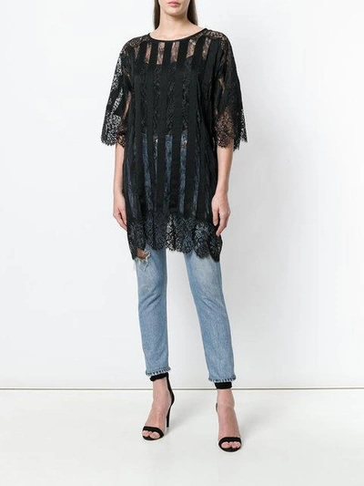 Shop Amen Sheer Striped And Lace Trimmed Oversized Top In Black