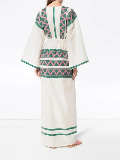 Shop Celia Dragouni V-neck Zig Zag Embroidered Kaftan Dress In Neutrals