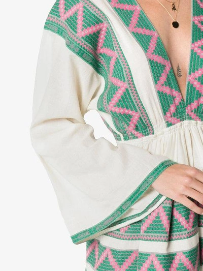 Shop Celia Dragouni V-neck Zig Zag Embroidered Kaftan Dress In Neutrals