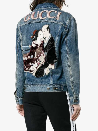 Shop Gucci Oversized Embroidered Denim Jacket In Blue