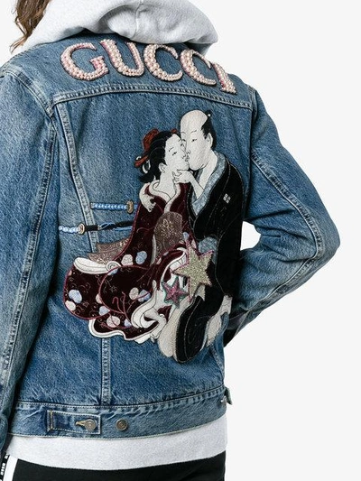 Shop Gucci Oversized Embroidered Denim Jacket In Blue