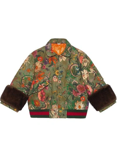 Shop Gucci Flora Snake Vintage Denim Bomber Jacket - Green