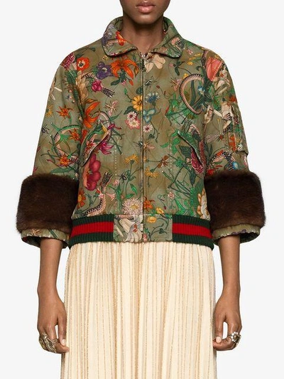 Shop Gucci Flora Snake Vintage Denim Bomber Jacket - Green