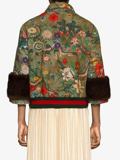 Shop Gucci Flora Snake Vintage Denim Bomber Jacket - Green